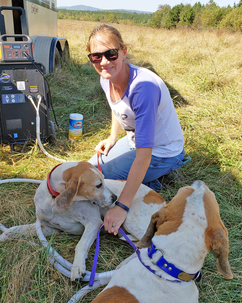 Certified MagnaWave PractitionerChristy Hill of Hills Healing Waves PEMF Therapy using the MagnaWave machine on a foxhound in a field